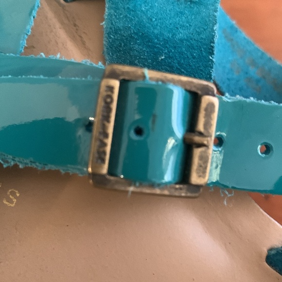 Kork-Ease Ava cork platforms with bright shiny turquoise upper. - Picture 6 of 12